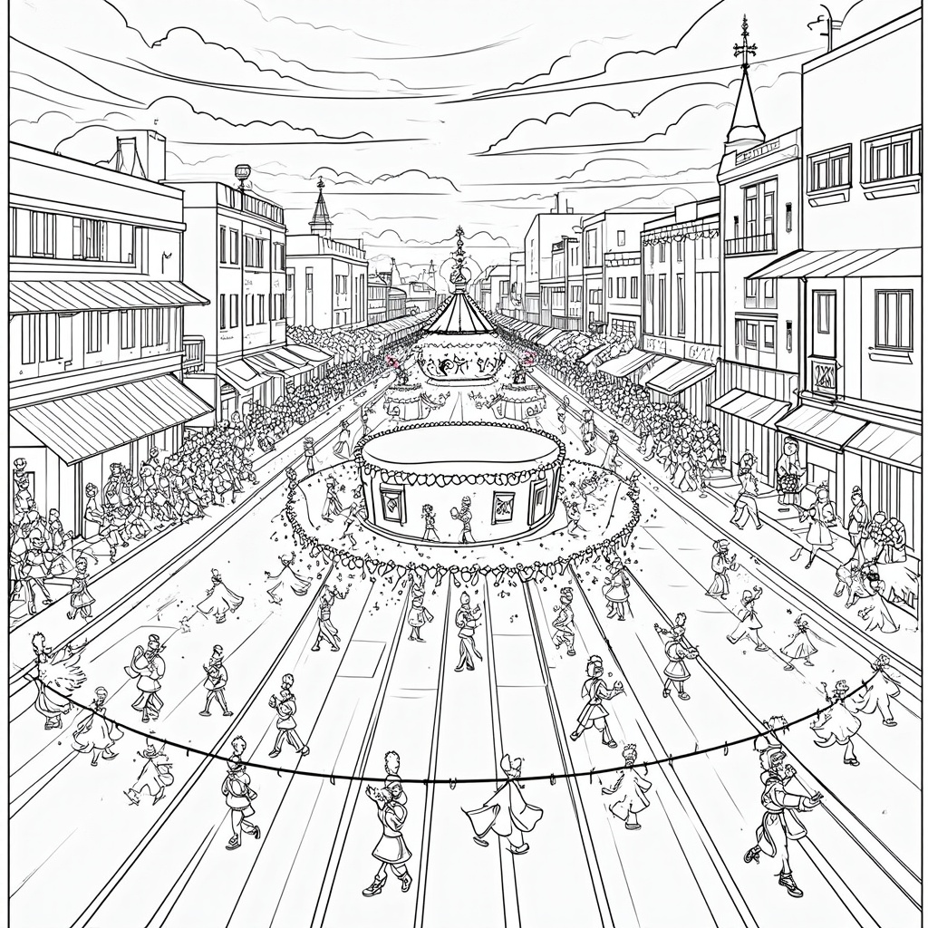 A 'Parade Panorama' coloring page spread across two pages, showing a long view of the parade with various floats, marching bands, and performers, capturing the festive atmosphere.