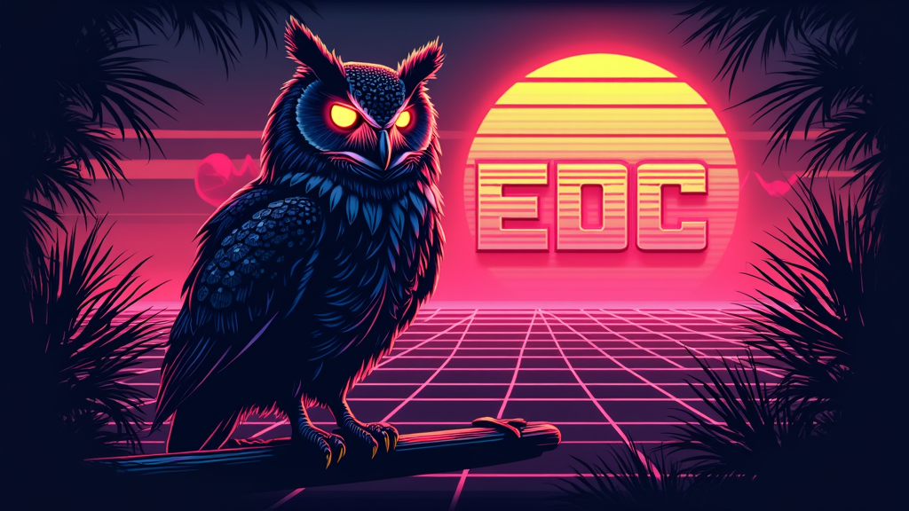 Sub-design 5: Synthwave Sunset Owl - Owl silhouette perched against a classic synthwave sunset (grid lines, neon sun), with 'EDC' in a chrome retro-futuristic font and the owl having glowing eyes.