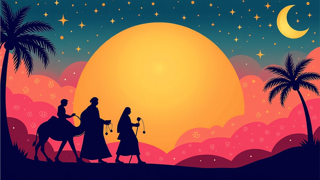 Ancient Storybook Theme: Silhouettes are rendered in a more stylized, perhaps calligraphic or folk-art quality. The sunset could incorporate subtle patterns or textures reminiscent of old tapestries or manuscript illuminations. A prominent crescent moon could enhance the Arabian Nights magical atmosphere.