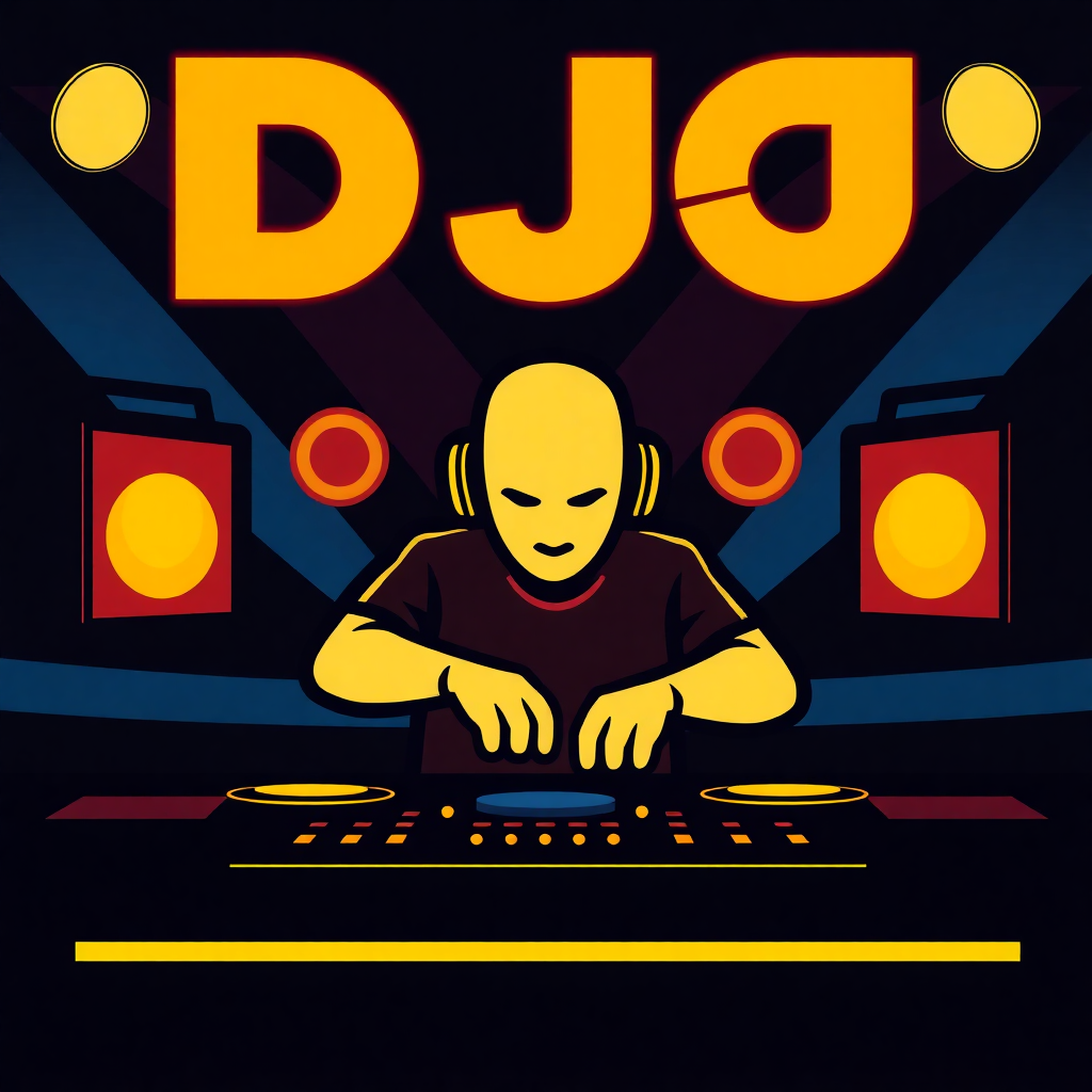 The image is a digital illustration of a DJ playing music on a turntable. The background is black with the word DJ written in yellow capital letters at the top. The DJ is wearing a red t-shirt and has a pair of headphones on his head. He is in the center of the image, with his hands on the turntables and his eyes closed as he plays. Behind him, there are two red and yellow speakers on either side of the DJ. The image has a retro and vibrant feel to it.