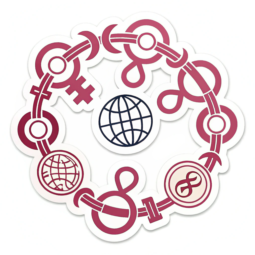 A series of interconnected female symbols forming a chain or circle, symbolizing unity and global sisterhood.