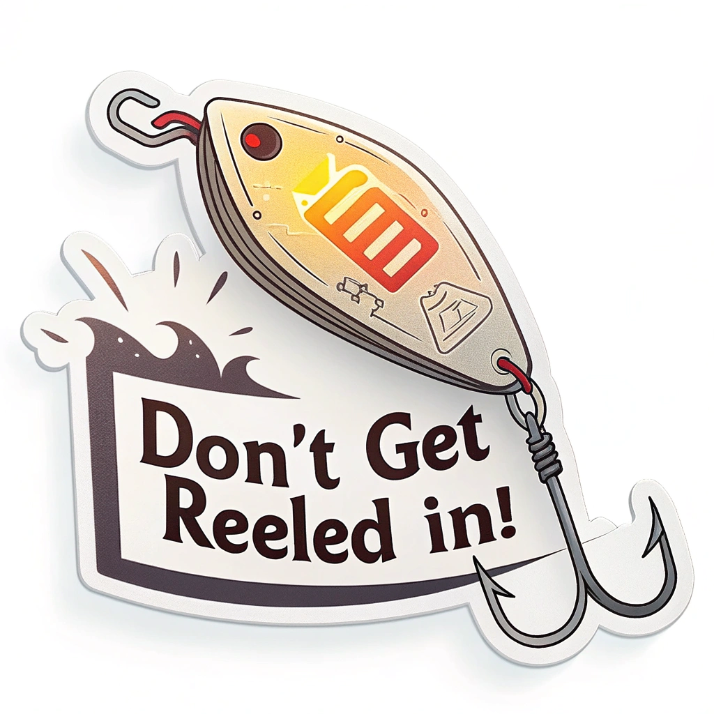 Data Lure Danger: A fishing hook dangling a lure shaped like a glowing data packet or file icon, with subtle warning markings. Text example: 'Don't Get Reeled In!'