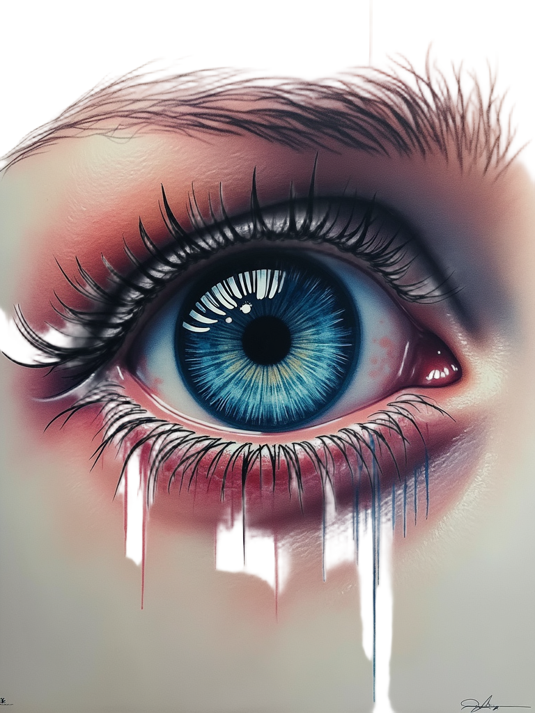A close-up of a human eye where the iris is a swirling vortex of data or a loading screen. Glitch artifacts, like scan lines or color channel separation, visibly distort parts of the eye or surrounding skin.