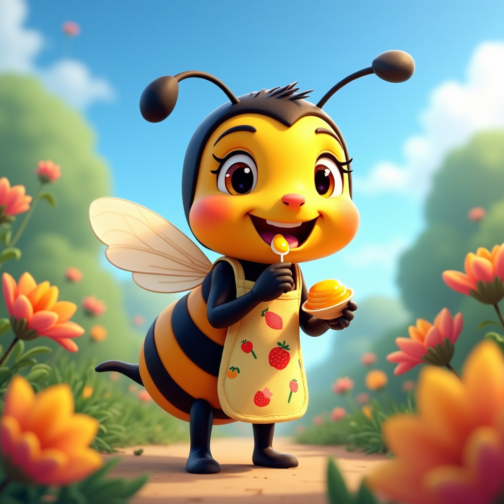 A cartoon bee, with a chef's apron, savoring a tiny spoon of honey, its abdomen buzzing from the sweet delight.