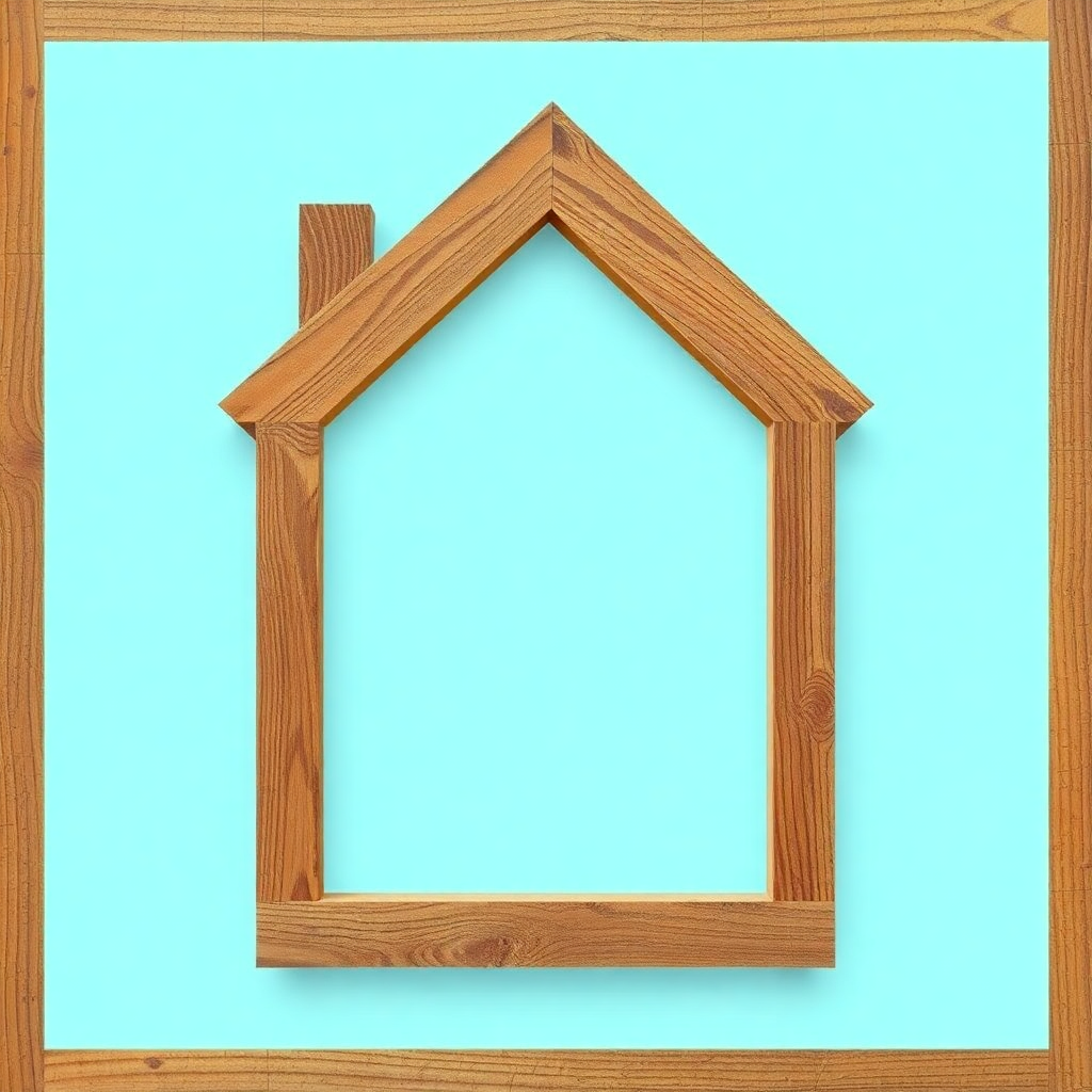 A wooden picture frame made from various pieces of distressed wood arranged to create the shape of a house, the various pieces of wood all at different depths to give it a layered, 3D effect