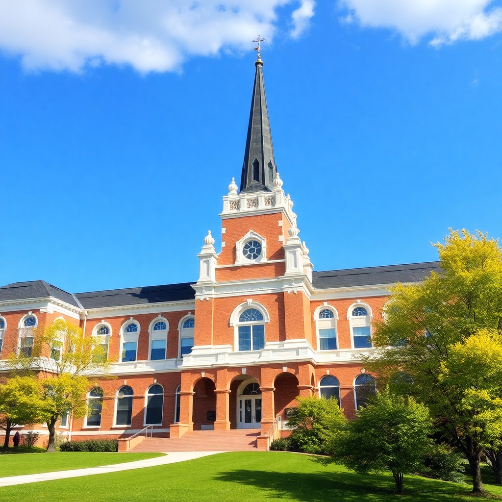 The image is of a large brick church with a steeple and a clock tower. The church has a red brick exterior with white trim and arched windows. The steeple has a pointed spire with a cross on top and a cross at the top. The clock tower has a clock and a bell at the front. The building is surrounded by a well-manicured lawn and trees with yellow leaves. The sky is blue with a few white clouds. The overall atmosphere of the image is peaceful and serene.