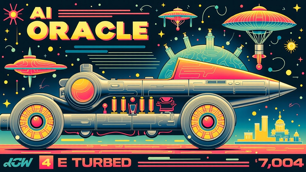 AI Oracle's Vision: A movie poster where the AI itself is depicted as a retro-futuristic machine (e.g., chrome oracle with glowing vacuum tubes) generating scenes of past futures (flying cars, domed cities) as holographic projections. Art Deco or Googie typography.