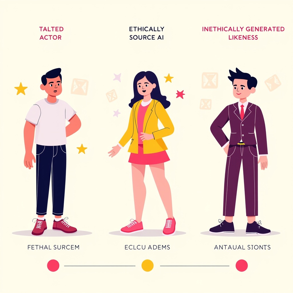 Design a visual guide comparing an original actor's photo, an ethically sourced AI character likeness (with permission), and an unethically generated likeness, highlighting the visual differences and ethical flags.