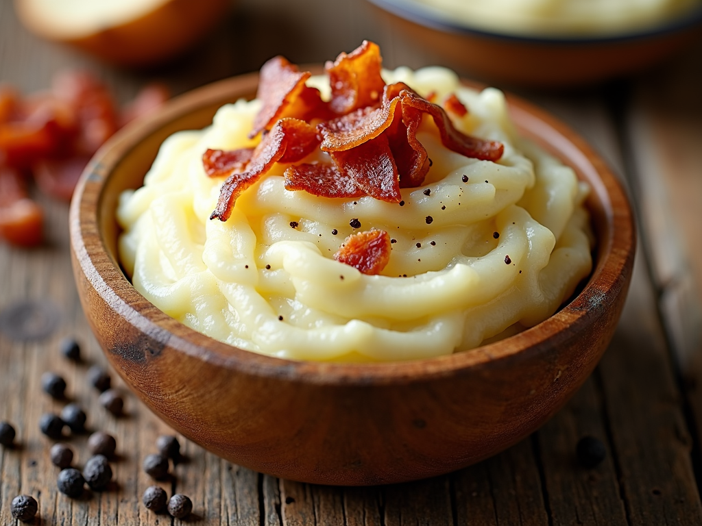 A close-up of smooth mashed potatoes with bacon crumble and a side of freshly ground pepper, in a rustic wooden bowl on a barn table.