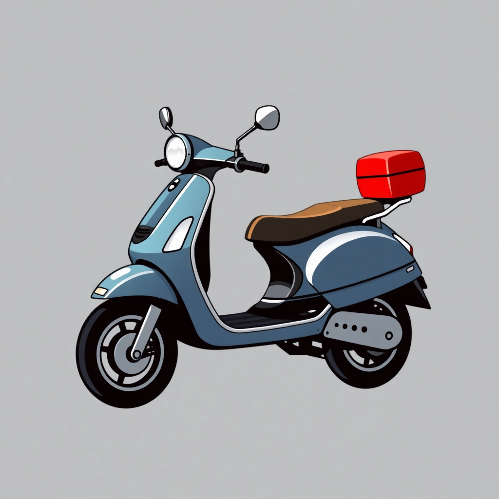 The image is a digital illustration of a blue scooter with a red box on the back. The scooter has a round headlight and two side mirrors on the front. The seat is brown and the handlebars are curved. The wheels are black and the scooter appears to be in motion. The background is a light grey color.