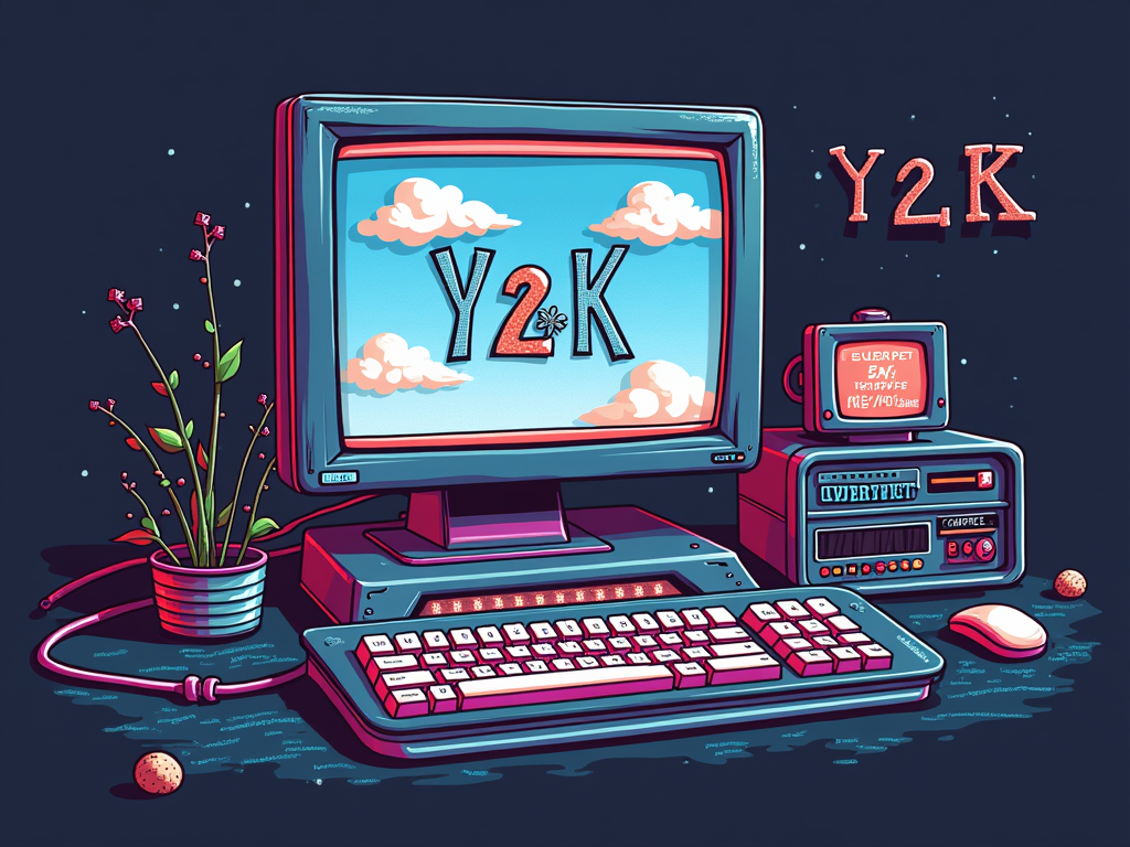 Y2K Desktop Dreamscape: Design mimicking a stylized Y2K computer desktop. Include retro browser windows open to a cyberpet fan page, pixelated cursors, glitched icon files for 'memories.zip', and an old-school media player interface with 'Nostalgia_Anthem.mp3' playing.