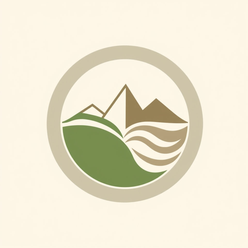 Simple Logo Idea: A central circle divided into three equal, geometrically distinct sections by clean, curved lines that suggest flow and connection. One section with parallel wavy lines (water), another with simplified mountain peaks (land), and the third with subtle wind-like swirls (air). The unity of the circle and equal divisions emphasize balance. Use a duotone or tritone palette of natural colors.