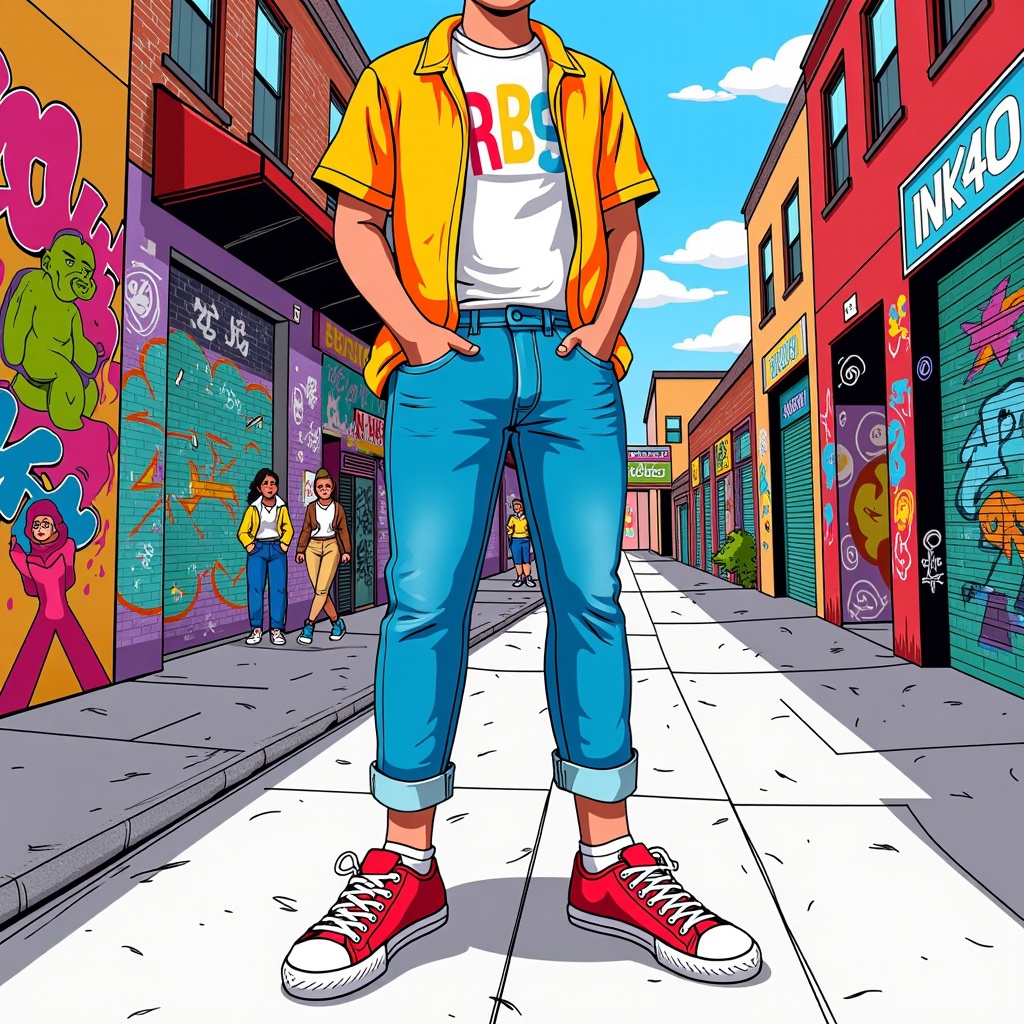  a young man standing on a sidewalk in front of a row of colorful buildings. He is wearing a yellow t-shirt with the word RBS written on it, blue jeans, and red sneakers. He has his hands in his pockets and is looking off to the side with a serious expression on his face. The buildings on either side of him are covered in graffiti and there are a few people walking in the background. The sky is blue and the overall mood of the image is vibrant and lively.