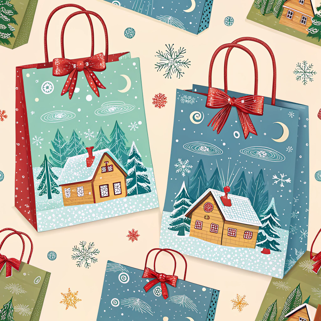 Bright and cheerful gift bags on display, each with their own Christmas patterns including snow-laden cabins, swirling snowflakes, and bright red bows.