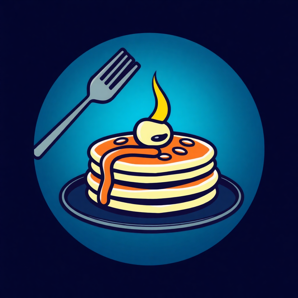 The image is an illustration of a stack of pancakes on a blue plate. The pancakes are orange and yellow in color and are arranged in a neat stack. On top of the stack, there is a small dollop of whipped cream with a yellow flame on top. A fork is resting on the plate next to the pancakes. The background is a solid blue color. The overall style of the illustration is simple and cartoon-like.