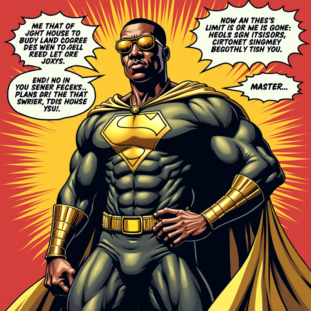 A retro comic book style design depicting Master P as a superhero, with 'Birthday Bash' as the title. Use a color palette reminiscent of late 90s No Limit album art (e.g., gold, black, camouflage accents, bold primary colors). Speech bubbles could contain iconic Master P phrases or birthday wishes.