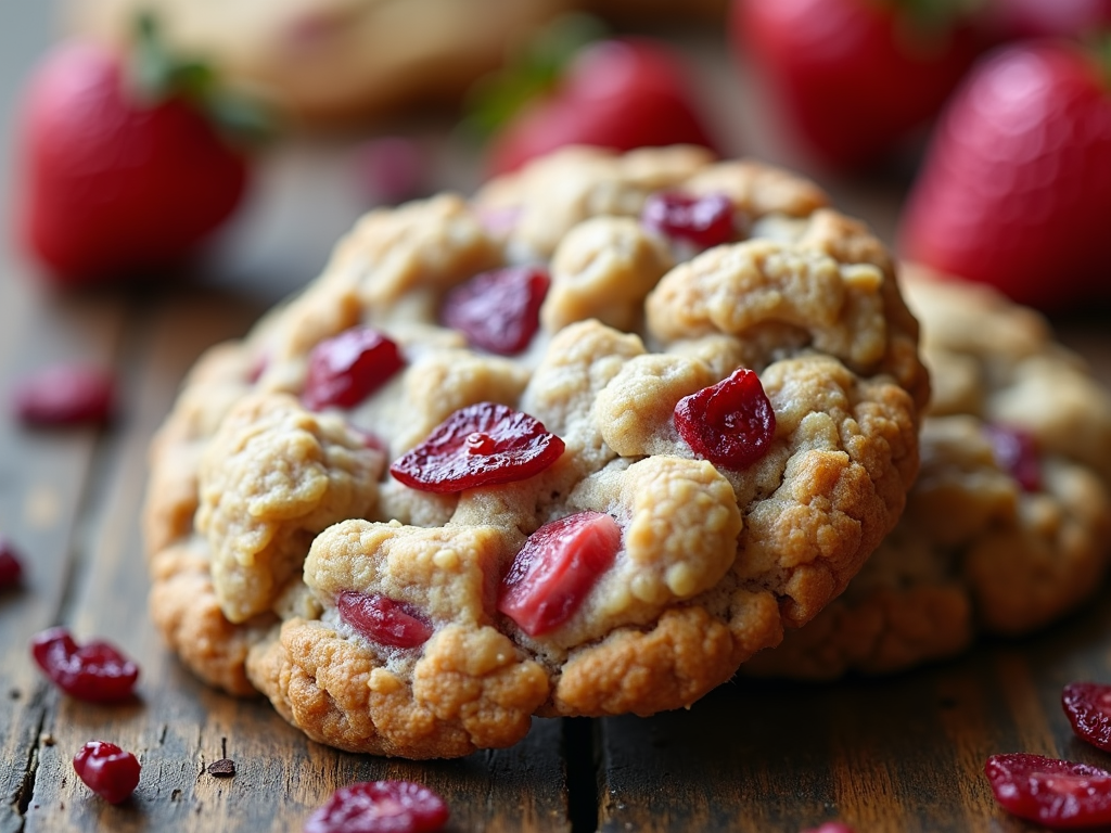 A classic oatmeal cookie with visible chunks of dried strawberries, a slightly pink hue, and a soft, chewy texture.