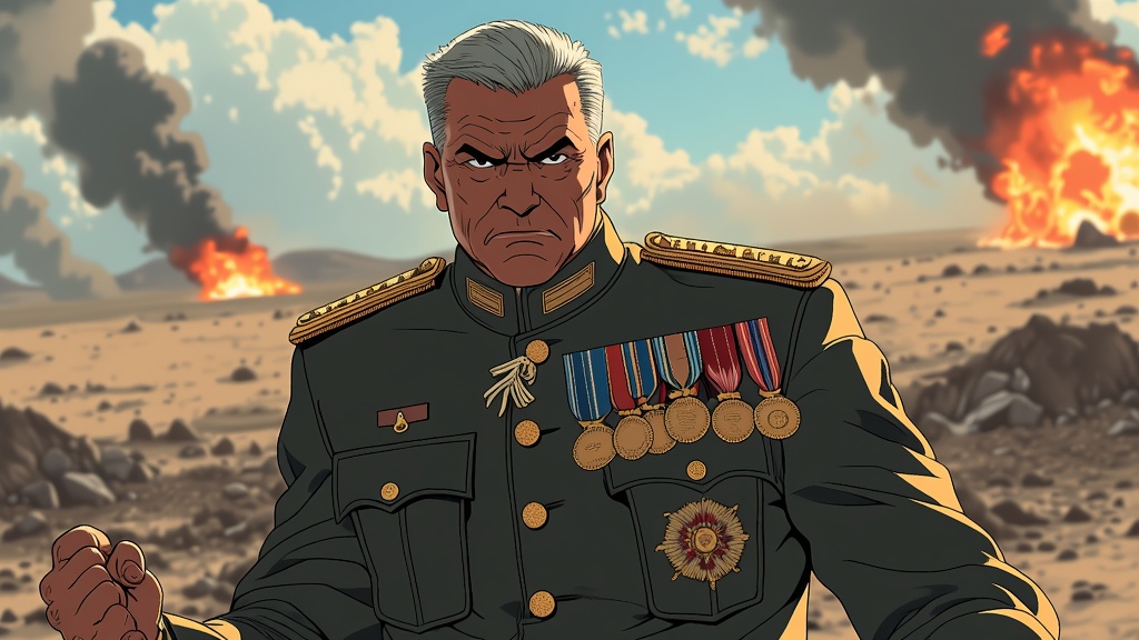 The image is an illustration of a man in a military uniform standing in front of a raging fire. The man appears to be in his late 40s or early 50s, with grey hair and a serious expression on his face. He is wearing a dark green military uniform with gold epaulettes and medals pinned to his chest. The background shows a barren landscape with rocks and debris scattered around. The fire is burning brightly in the distance, with orange and red flames and smoke rising up into the sky. The overall mood of the image is tense and ominous.