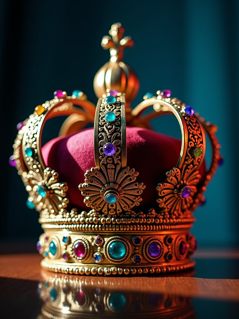 The intricately detailed crown is illuminated under soft lighting, showcasing its ornamental design and vivid jewels.