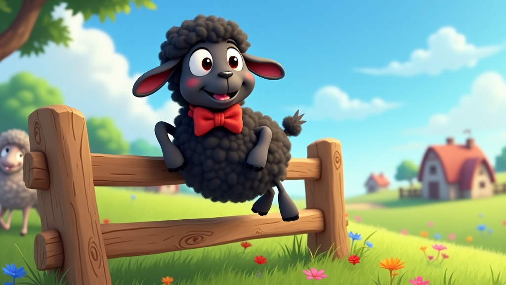 The image shows an animated black sheep with a red bow tie sitting on top of a wooden fence in a grassy field surrounded by trees, houses, and a sky with clouds.