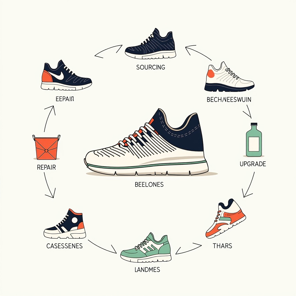 The Endless Product Journey: Illustrate a specific product (e.g., a shoe, a phone) moving through a continuous loop. Start with sustainable material sourcing, eco-conscious manufacturing, prolonged use (showing repair/upgrading), then disassembly, with materials feeding back into new products, avoiding landfill entirely. Emphasize the 'no end-of-life' concept.