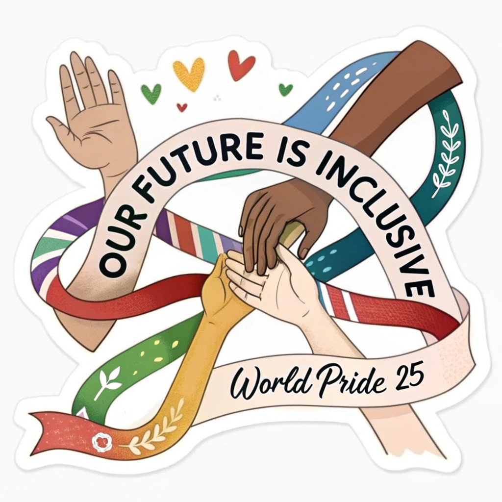 Sticker showcasing a diverse array of hands, depicted in various skin tones, gently intertwined or reaching towards each other. Alternatively, colorful ribbons representing different identities weave together to form a cohesive, strong knot or flowing pattern. Text: 'Our Future is Inclusive' integrated artfully, with 'WorldPride '25' as a clear anchor.