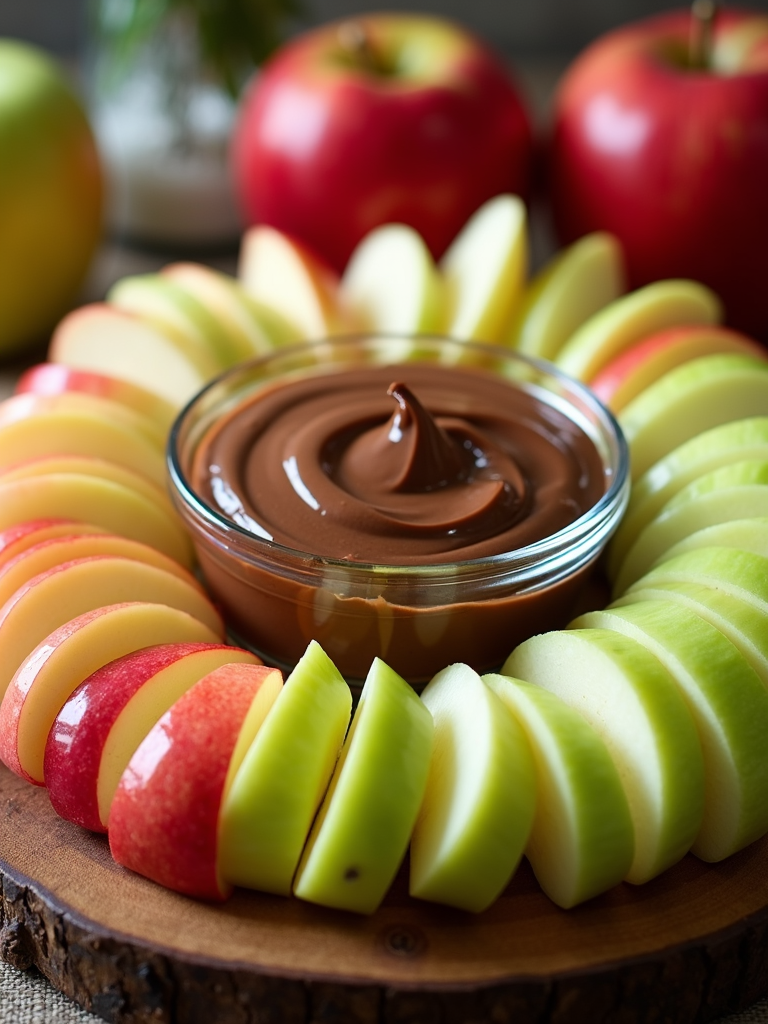 Apple slices arranged on a platter with a small bowl of Nutella for dipping.