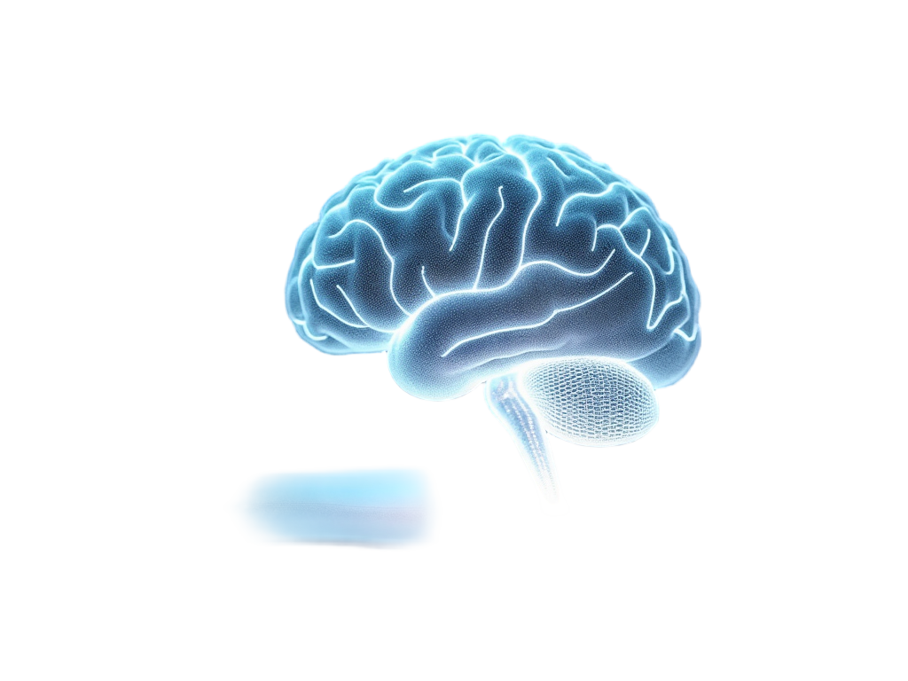 Holographic brain with integrated circuits: A design featuring a stylized, translucent brain projection (hologram) with intricate circuit patterns embedded within or overlaid on its surface, giving an ethereal, high-tech look.