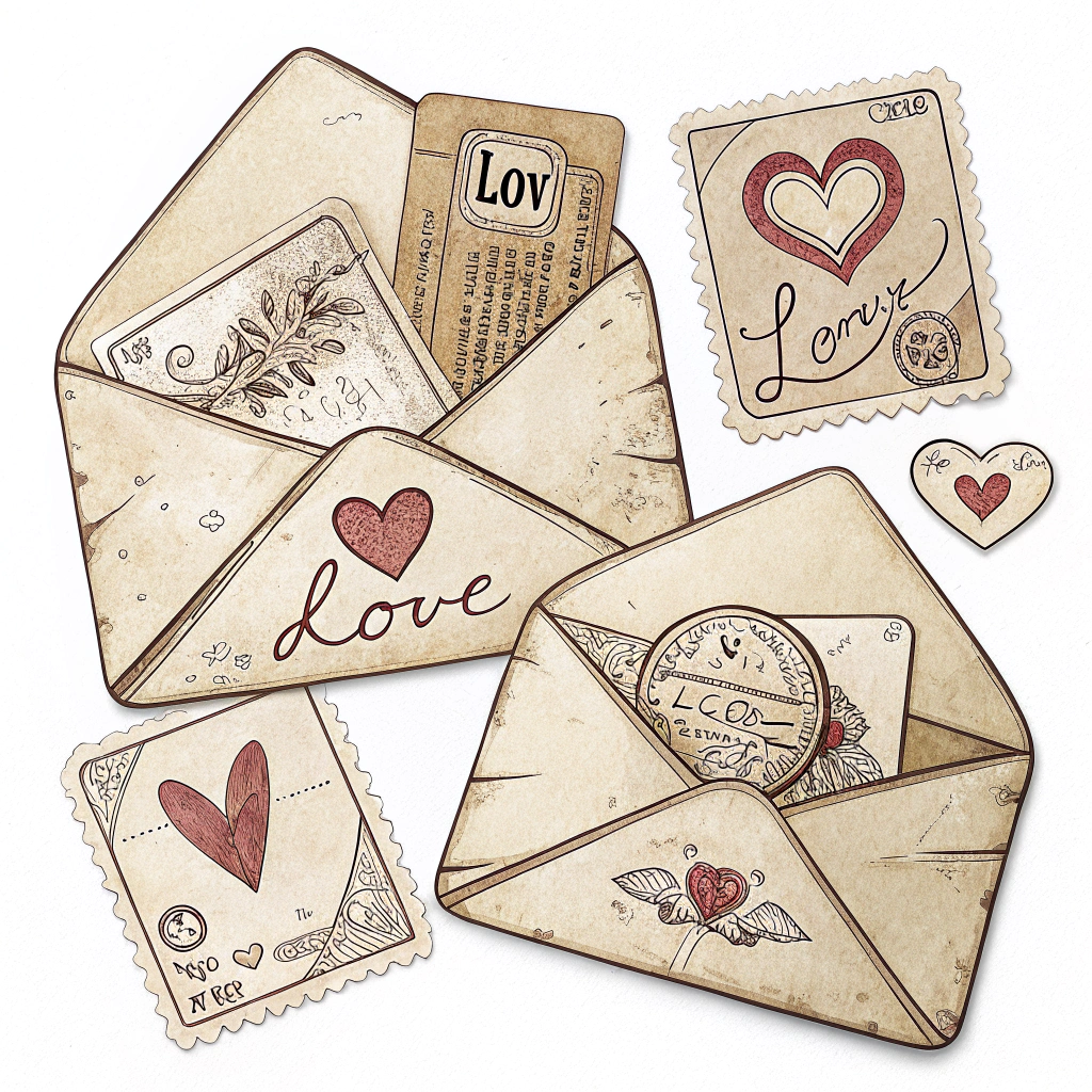 Create die-cut stickers shaped like vintage envelopes, postage stamps with love-themed designs, and torn pieces of love letters. Use sepia tones and distressed edges to enhance the vintage aesthetic.