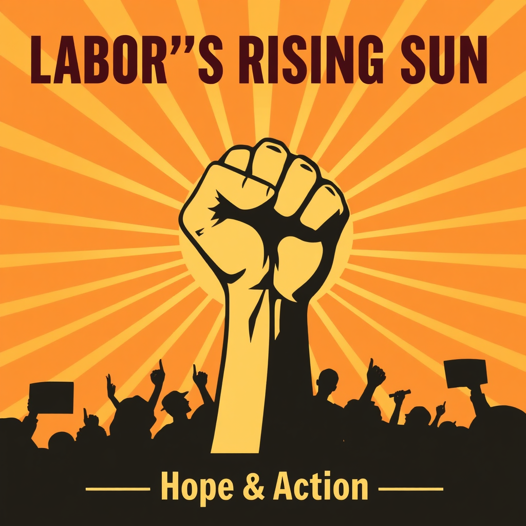 Sub Design 3 (Unity Fist Sunrise): A powerful raised fist takes center stage, with dynamic sun rays bursting from behind it, emphasizing solidarity and active hope for May Day. 'Labor's Rising Sun: Hope & Action' as text.
