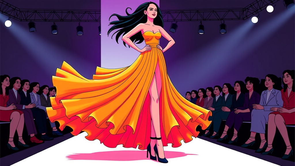 Runway Reimagined: Dynamic illustrations capturing iconic NYFW runway moments, focusing on striking model poses, the movement of flowing garments, and dramatic entrances, all rendered with an expressive, energetic style.