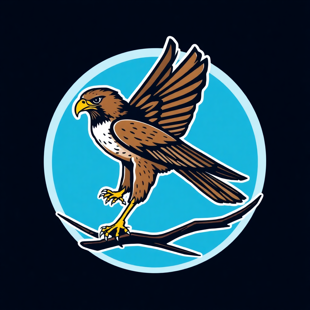 The image is a circular logo with a blue background. In the center of the logo, there is an illustration of a bird of prey, specifically a hawk, perched on a branch. The hawk is facing towards the left side of the image and its wings are spread wide, as if it is about to take flight. Its body is brown and white, with a yellow beak and talons. The branch it is perched on is thin and brown, and the background is a solid blue color. The overall design is simple and cartoon-like.