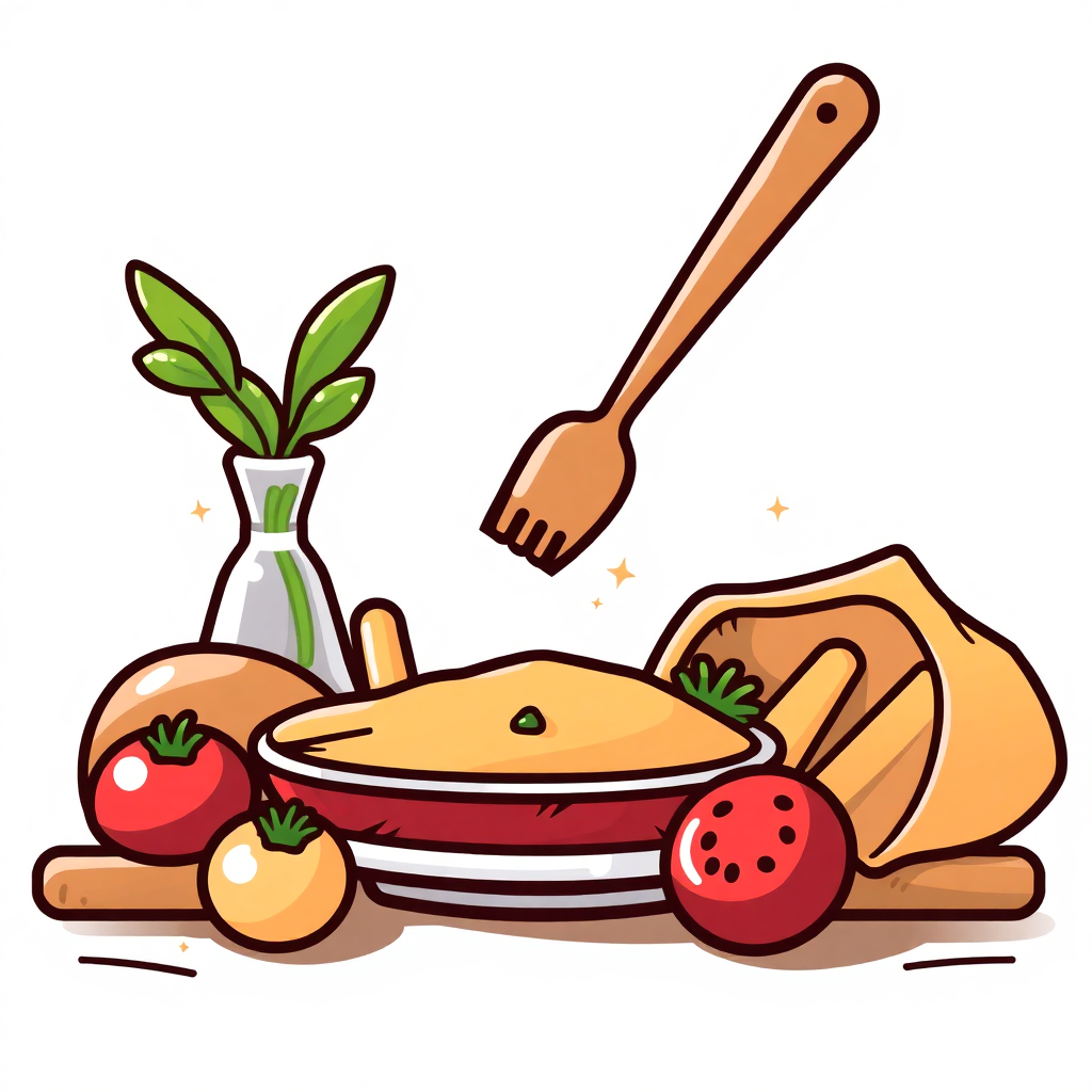 The image shows a plate of food with a fork and vegetables on it. The plate is filled with a variety of vegetables, including tomatoes, peppers, and onions. There is also a vase with a plant in it, adding a touch of greenery to the scene.