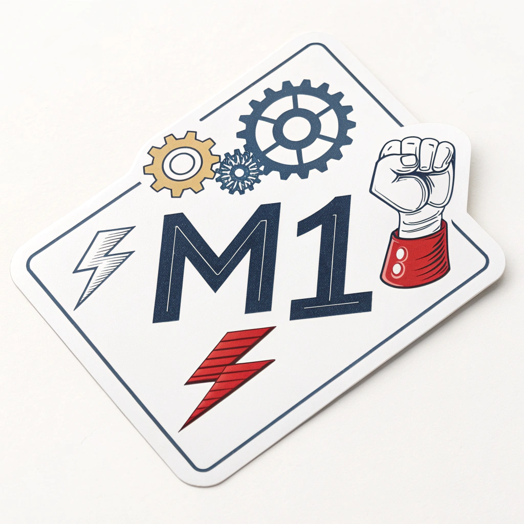 Simple Icon/Logo Element: A compact and versatile icon combining a stylized 'M1' (for May 1st). Integrate a small, symbolic element like a lightning bolt (representing a strike), a gear (representing workers/industry), or a small raised fist within or alongside the 'M1'.