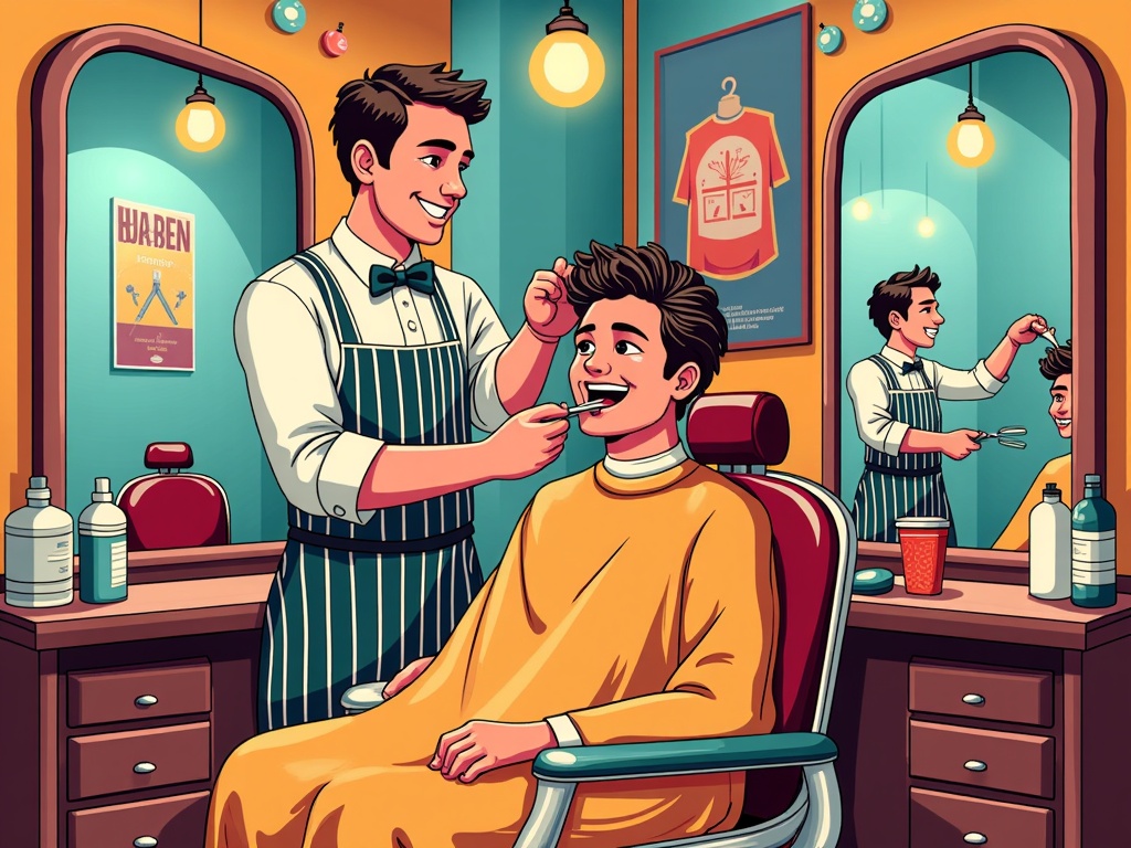 The image is an illustration of a barber shop. The barber is standing behind the barber, holding a pair of scissors and a comb. He is wearing a green apron and a white shirt. The client is sitting in a red barber chair with his hair styled in a messy bun. The background of the image shows a counter with various barber tools and supplies. There are two large mirrors on either side of the counter, and a t-shirt hanging on the wall. The overall color scheme of the illustration is bright and cheerful.