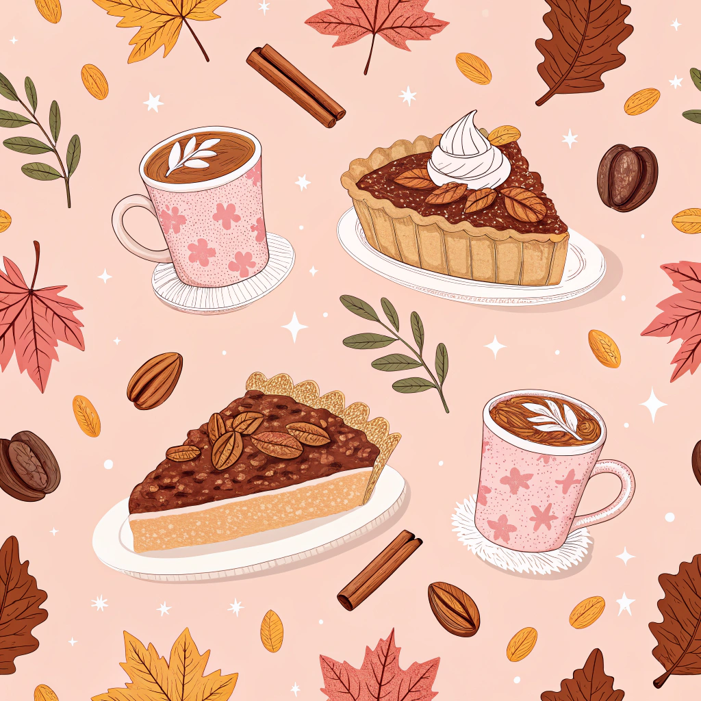 Chic Thanksgiving pattern featuring stylish depictions of pecan pie, coffee mugs, and maple leaves. Set against a pastel pink background, the refined illustrations convey a modern and succulent celebration of Thanksgiving desserts.