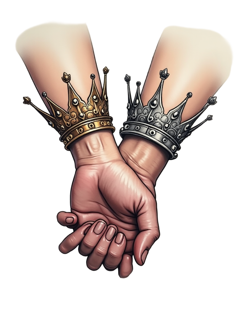 A king and queen themed set of crown tattoos on intertwined wrists, each crown uniquely styled to match the other's personality.