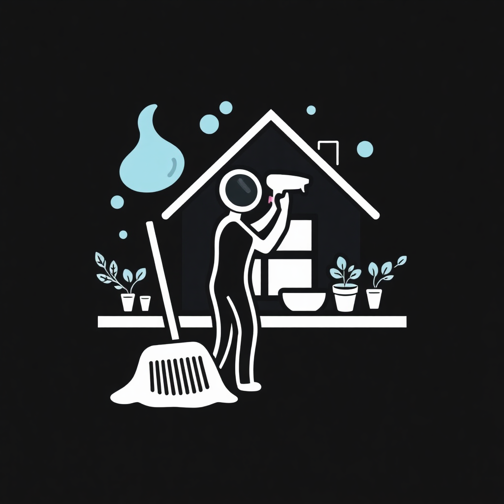 The image is a black and white illustration of a person cleaning a house. The person is standing in front of the house, holding a broom and a spray bottle. The house is a two-story structure with a sloping roof and a chimney. There are several potted plants on the windowsill, including a potted plant on the left side of the image. Above the person, there is a blue drop of water, indicating that the person is in the process of cleaning the house. There is also a small window on the right side, letting in natural light. The overall style of the illustration is simple and minimalistic.