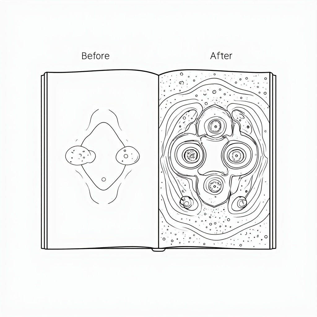 'Before & After' Entanglement: One page (or half a page) shows the two particles before entanglement, perhaps separate and with different 'potential' colors (outlined but not filled). The other page (or half) shows them entangled, sharing a common characteristic or connected by a visual link, emphasizing their now shared destiny. The 'cosmic connection' could be the transition or the background they now share.