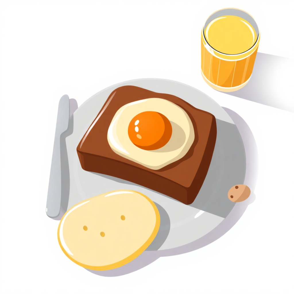 The image is an illustration of a breakfast meal. On the left side of the image, there is a plate with a slice of toast and a fried egg on it. The toast is brown and appears to be toasted, with a golden brown crust on top. The egg is cooked sunny-side up and is placed on top of the toast. Next to the plate, there are two small pieces of bread and a glass of orange juice. The plate is white and the background is plain white.