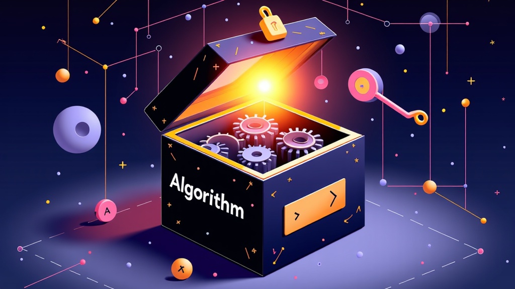 Illustrate a literal 'black box' labeled 'Algorithm' being opened with a key, with light shining out, revealing simple inner workings like gears or clear pathways.