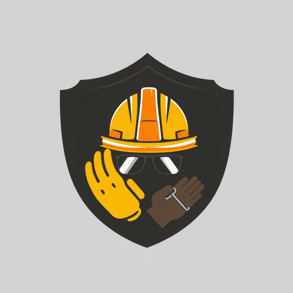 A shield-shaped emblem featuring a stylized hard hat at its apex, with subtle representations of other safety gear like safety glasses or gloves integrated within the shield, symbolizing comprehensive protection.