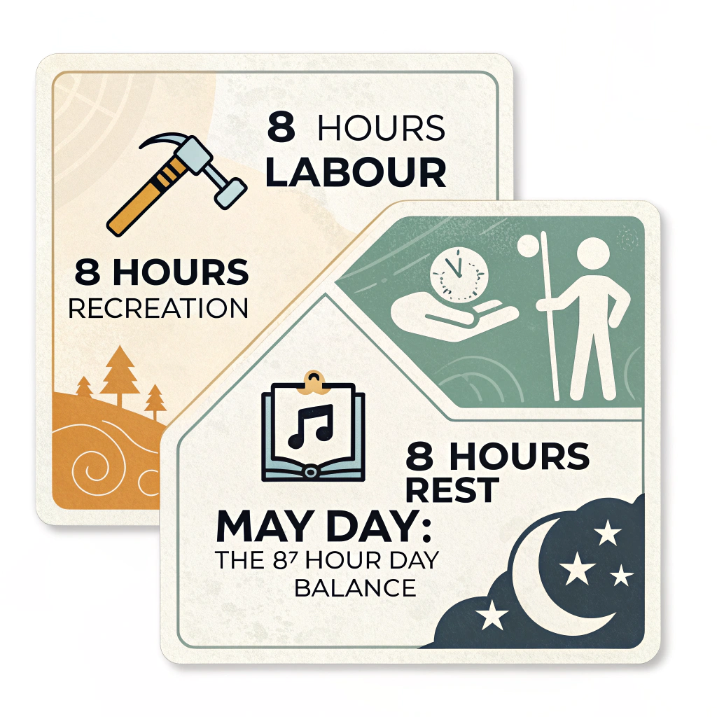 Three Pillars Design: Visually represent '8 Hours Labour, 8 Hours Recreation, 8 Hours Rest' as three distinct graphic blocks or pillars. Each block could feature a simple icon (e.g., hammer for labor, book/music note for recreation, moon/stars for rest). Text: 'May Day: The 8-Hour Day Balance.'