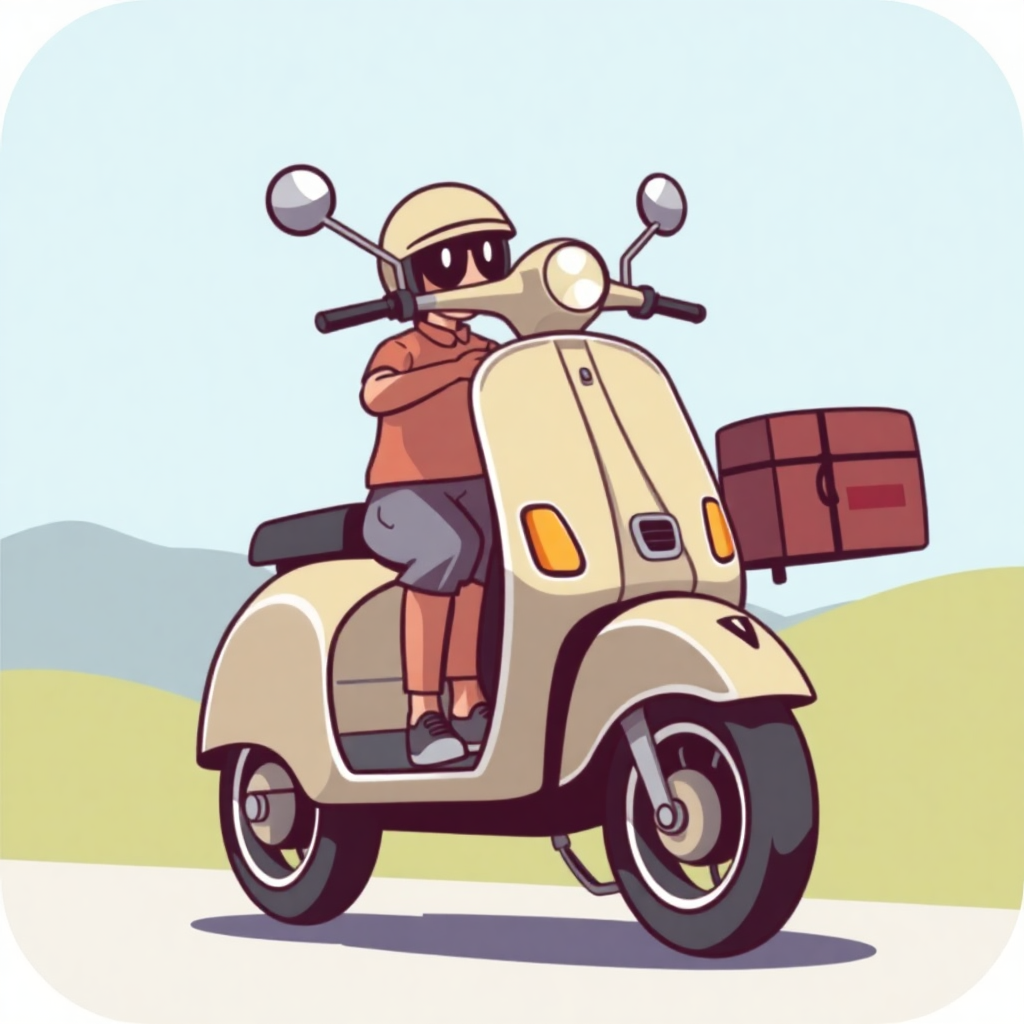  a cartoon illustration of a man riding a scooter. The scooter is beige in color and has a large brown suitcase attached to the back. The man is wearing a brown helmet and a brown shirt, and is sitting on the seat of the scooter with his hands on the handlebars. He is holding onto the handlebar with both hands and appears to be looking ahead. The background is a light blue sky with mountains in the distance. The image has a simple and cartoon-like style.