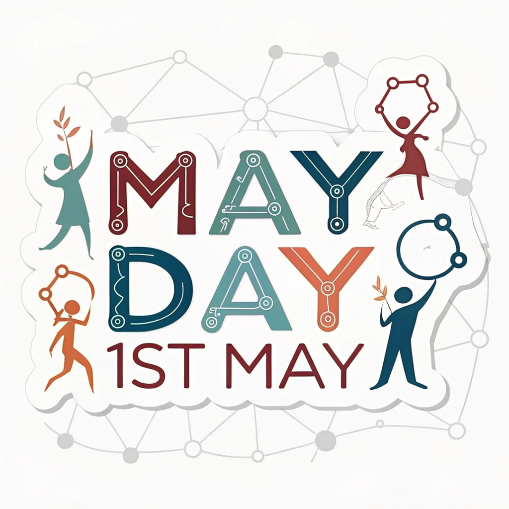 Simple Logo Idea: The words 'MAY DAY' or '1st MAY' designed with abstract letterforms that subtly incorporate or are formed by interconnected lines or minimalist human-like abstract figures linking arms, visually embedding the theme of collective action.