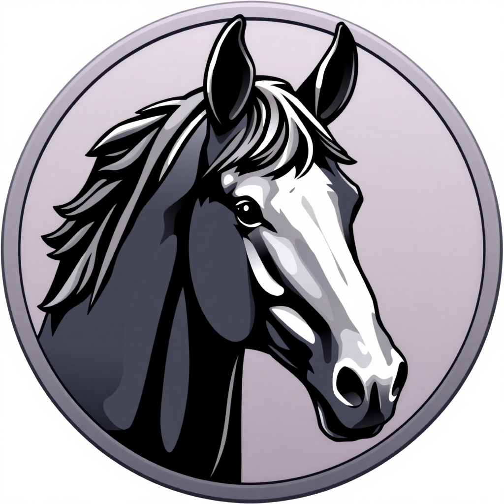 The image is a black and white illustration of a horse's head in a circular shape. The horse is facing towards the right side of the image, with its head turned slightly to the left. Its mane and tail are flowing in the wind, and its eyes are looking off to the side. The background is a light grey color, and the horse's face is outlined in black. The overall style of the illustration is simple and minimalistic.