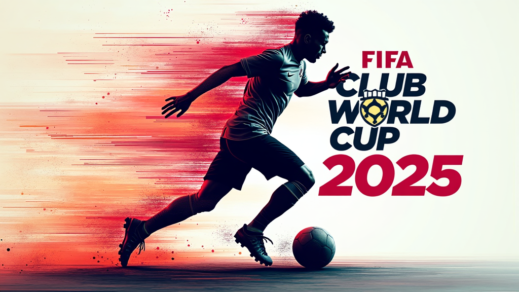 Design showcasing a player's silhouette mid-sprint with a football, rendered with dynamic motion blur effects. Background employs gradients or abstract patterns to amplify the sense of speed. 'FIFA Club World Cup 2025' featured prominently.
