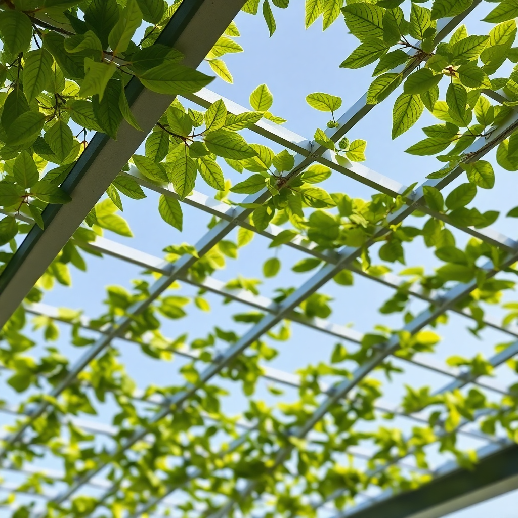 A roof where artificial leaves, made from sustainable materials, are interwoven to form a durable, low-maintenance, and visually appealing cover, mimicking a leaf canopy.