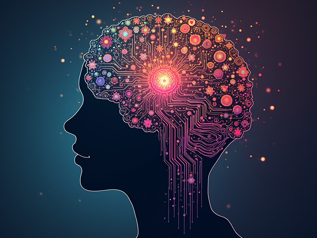 Floral Circuit Brain: A silhouette of a brain or head profile, with one half composed of intricate floral patterns and the other half of detailed circuit board lines, merging in the center to symbolize the blend of creativity and logic in tech.