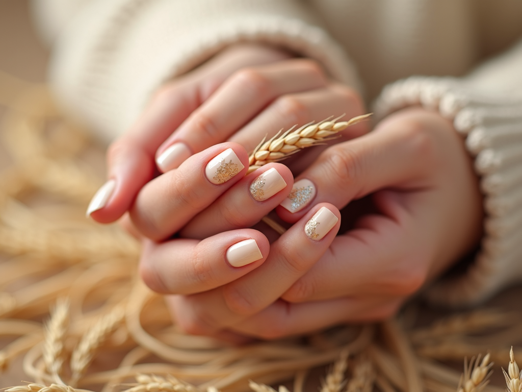 Graceful nails adorned with golden wheat strands on a soft beige background, symbolizing the autumn harvest season.